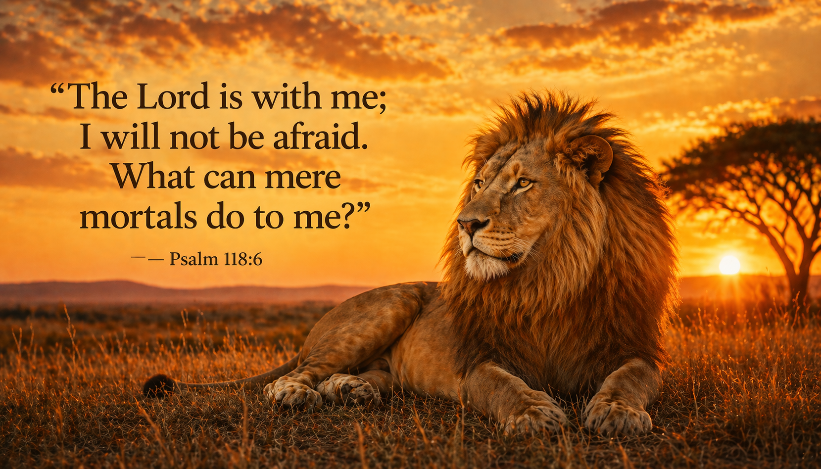 Psalm 118:6 Bible verse wallpaper - The Lord is with me I will not be afraid - lion resting in golden savanna at sunset